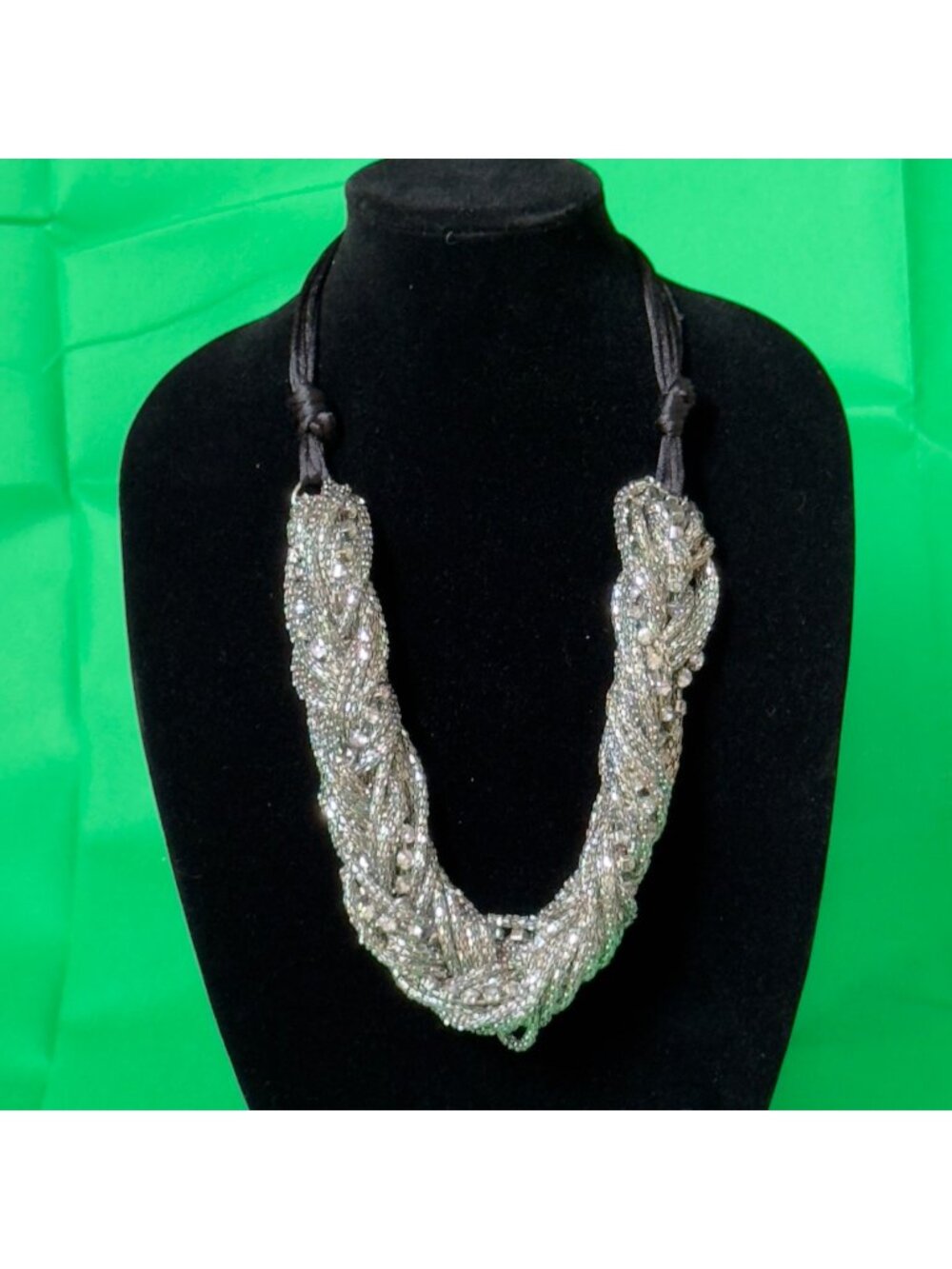 Chicos Silver-Tone Braided Beaded Necklace With Black Cord & Lobster Clasp